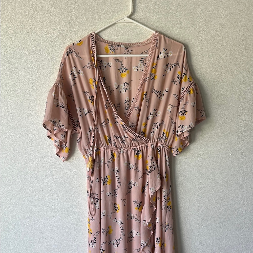 Moon River Pink and Yellow Smocked Midi Sundress